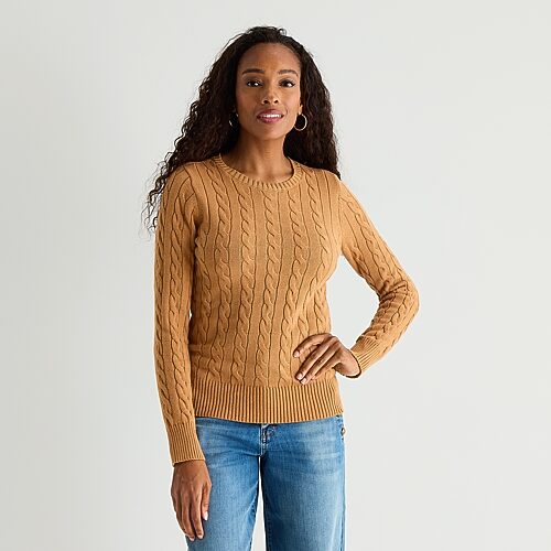 St. John's Bay Tall Womens Crew Neck Long Sleeve Cable Knit Pullover Sweater In Brown