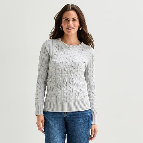 St. John's Bay Womens Crew Neck Long Sleeve Cable Knit Pullover Sweater In Gray