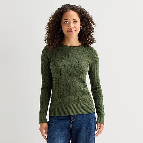 St. John's Bay Womens Crew Neck Long Sleeve Cable Knit Pullover Sweater In Green