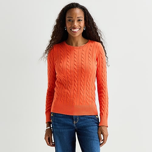 St. John's Bay Womens Crew Neck Long Sleeve Cable Knit Pullover Sweater In Orange