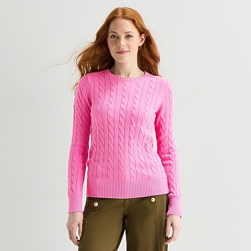 St. John's Bay Womens Crew Neck Long Sleeve Cable Knit Pullover Sweater In Pink
