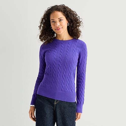 St. John's Bay Womens Crew Neck Long Sleeve Cable Knit Pullover Sweater In Purple