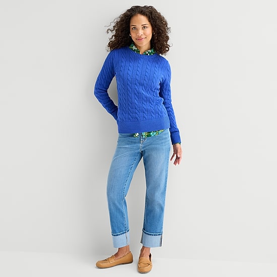 St. John's Bay Womens Crew Neck Long Sleeve Cable Knit Pullover Sweater