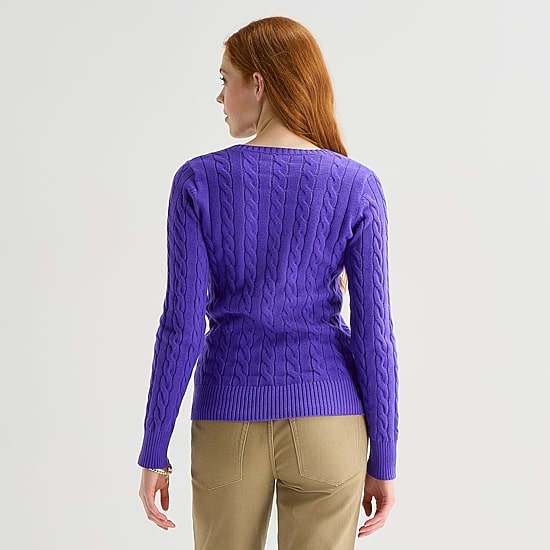 St. John's Bay Womens V Neck Long Sleeve Cable Knit Pullover Sweater