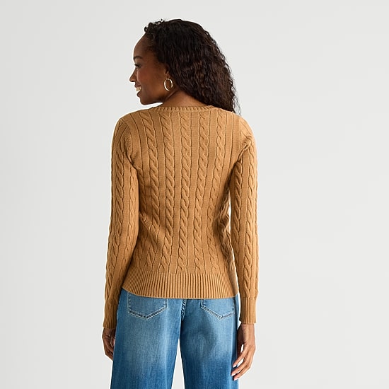 St. John's Bay Womens V Neck Long Sleeve Cable Knit Pullover Sweater