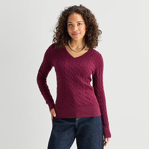 St. John's Bay Womens V Neck Long Sleeve Cable Knit Pullover Sweater In Red