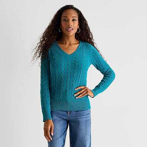 St. John's Bay Womens V Neck Long Sleeve Cable Knit Pullover Sweater, Petite X-large, Blue