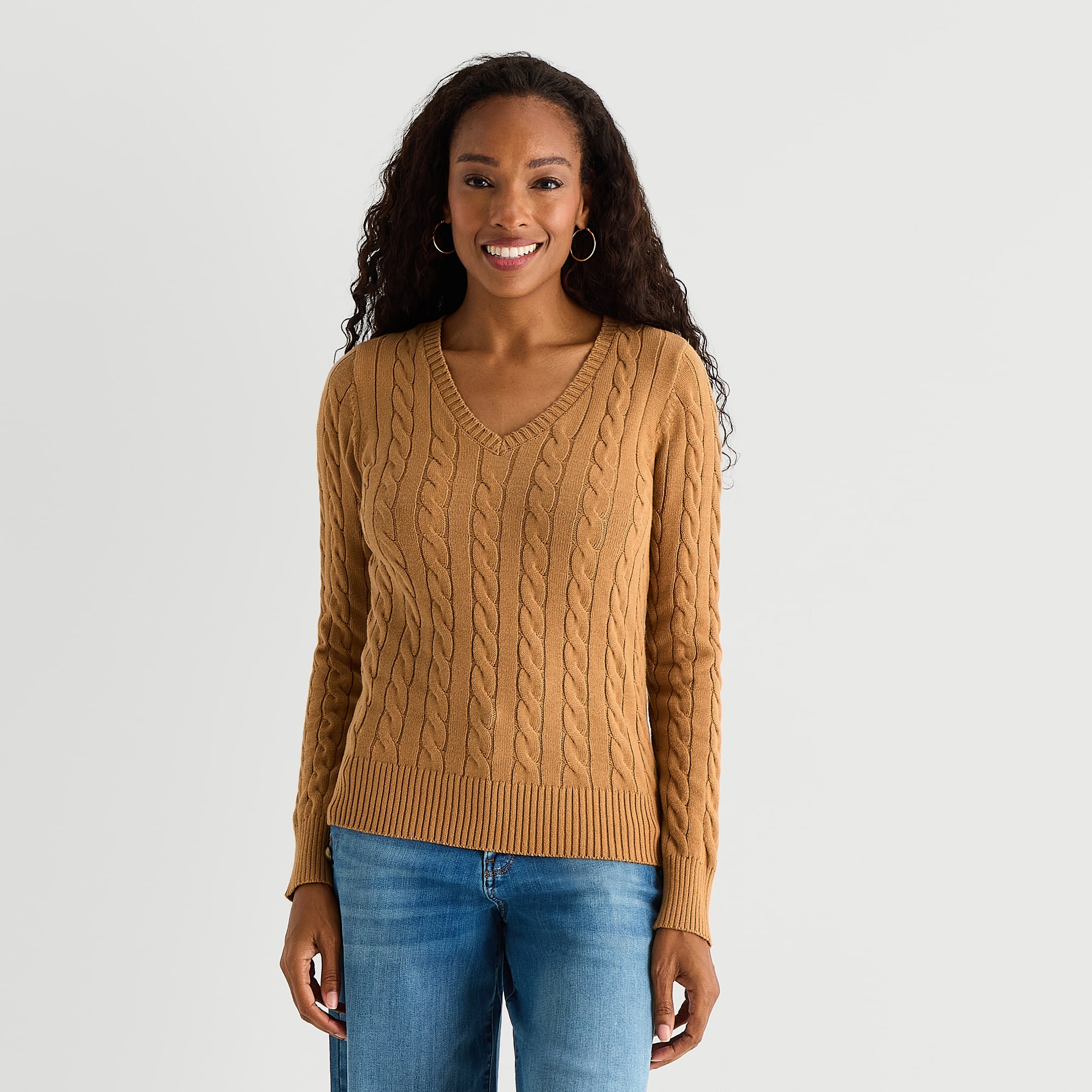 St. John's Bay Womens V Neck Long Sleeve Cable Knit Pullover Sweater