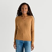St. John's Bay Womens V Neck Long Sleeve Cable Knit Pullover Sweater