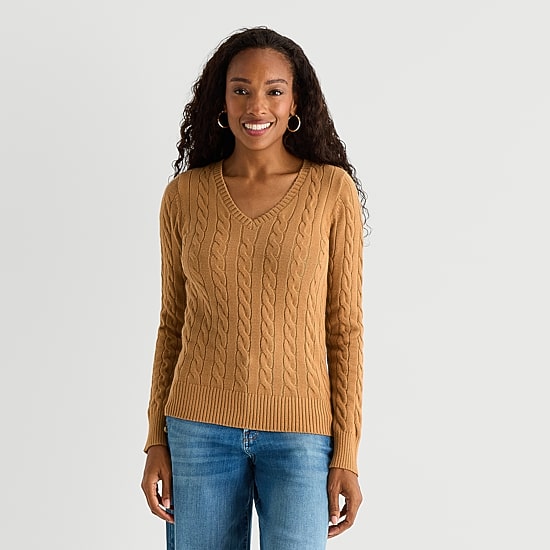 St. John's Bay Womens V Neck Long Sleeve Cable Knit Pullover Sweater
