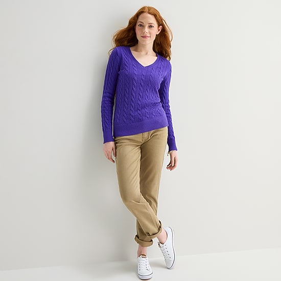 St. John's Bay Womens V Neck Long Sleeve Cable Knit Pullover Sweater