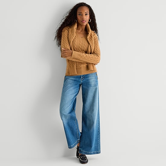 St. John's Bay Womens V Neck Long Sleeve Cable Knit Pullover Sweater