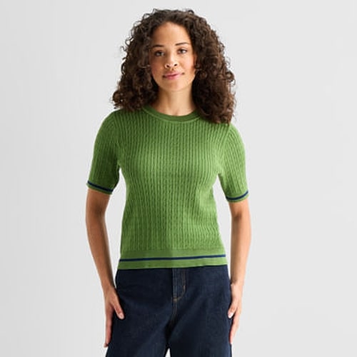 St. John's Bay Womens Crew Neck Short Sleeve Cable Knit Pullover Sweater In Green