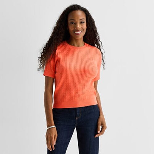 St. John's Bay Womens Crew Neck Short Sleeve Cable Knit Pullover Sweater In Pink