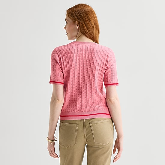 St. John's Bay Womens Crew Neck Short Sleeve Cable Knit Pullover Sweater