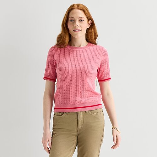 St. John's Bay Womens Crew Neck Short Sleeve Cable Knit Pullover Sweater, Petite Large, Pink