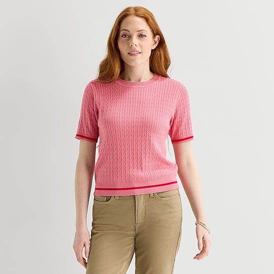 St. John's Bay Womens Crew Neck Short Sleeve Cable Knit Pullover Sweater