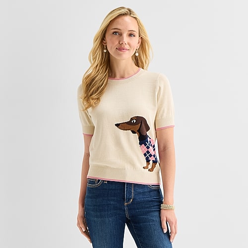 St. John's Bay Womens Crew Neck Short Sleeve Pullover Sweater In Brown