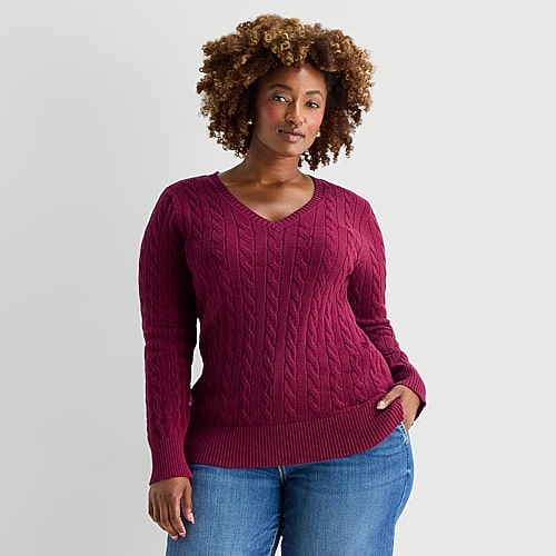 St. John's Bay Plus Womens V Neck Long Sleeve Cable Knit Pullover Sweater In Red