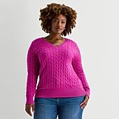 St. John's Bay Plus Womens V Neck Long Sleeve Cable Knit Pullover Sweater