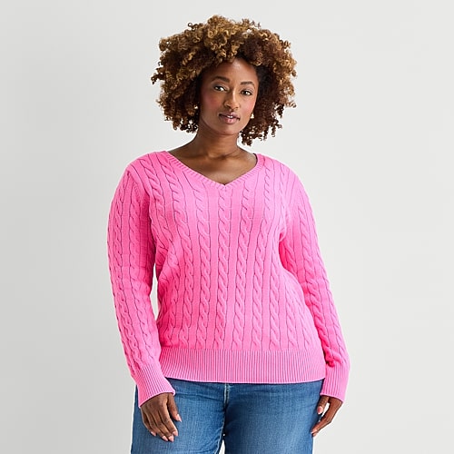 St. John's Bay Plus Womens V Neck Long Sleeve Cable Knit Pullover Sweater In Pink