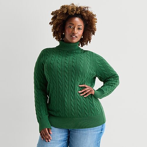St. John's Bay Plus Womens Turtleneck Long Sleeve Cable Knit Pullover Sweater In Green