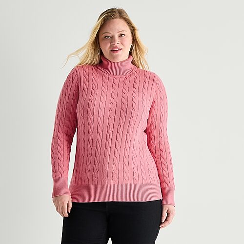 St. John's Bay Plus Womens Turtleneck Long Sleeve Cable Knit Pullover Sweater In Pink