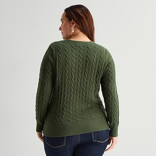 St. John's Bay Plus Womens Crew Neck Long Sleeve Cable Knit Pullover Sweater