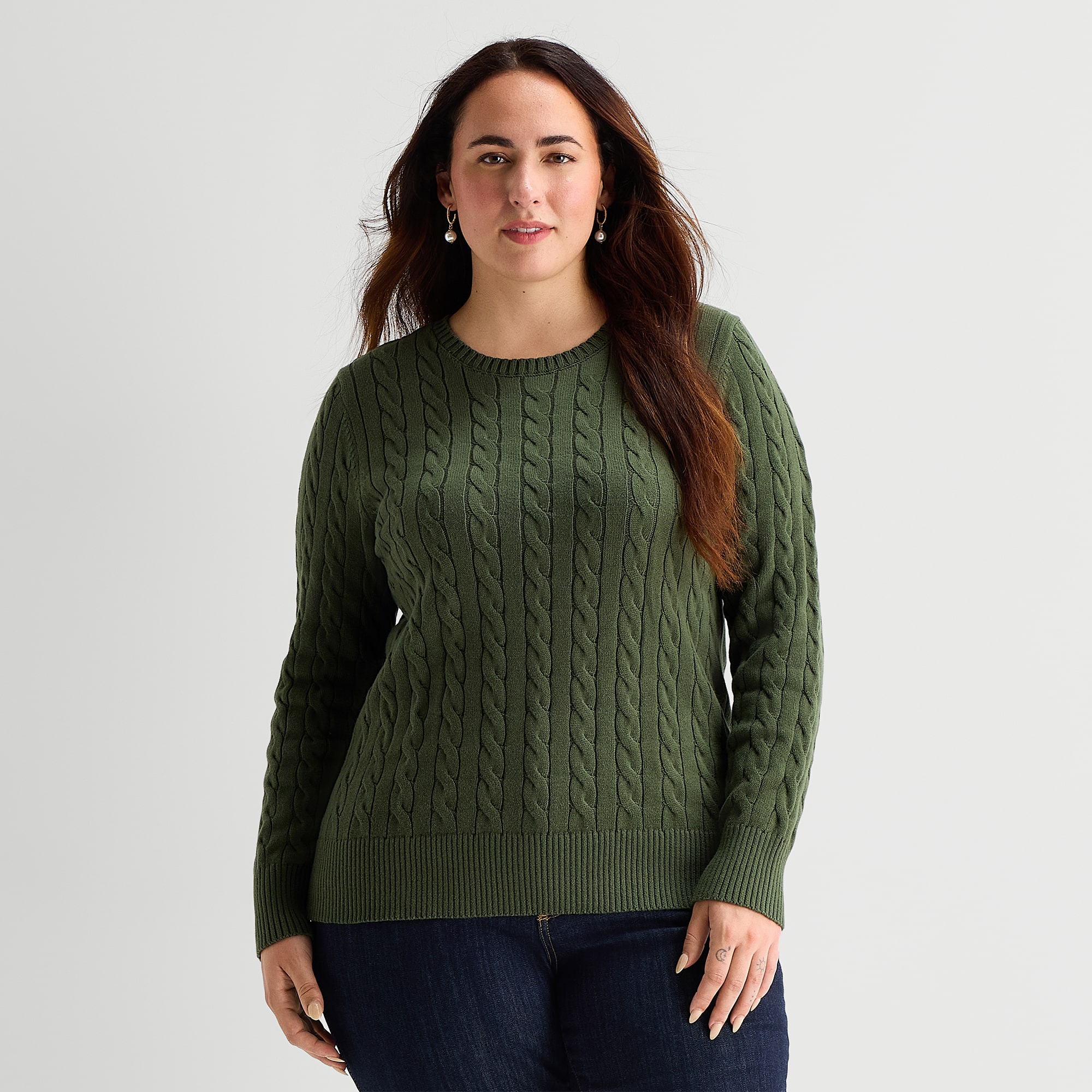 St. John's Bay Plus Womens Crew Neck Long Sleeve Cable Knit Pullover Sweater
