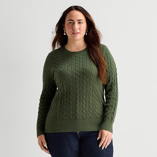 St. John's Bay Plus Womens Crew Neck Long Sleeve Cable Knit Pullover Sweater