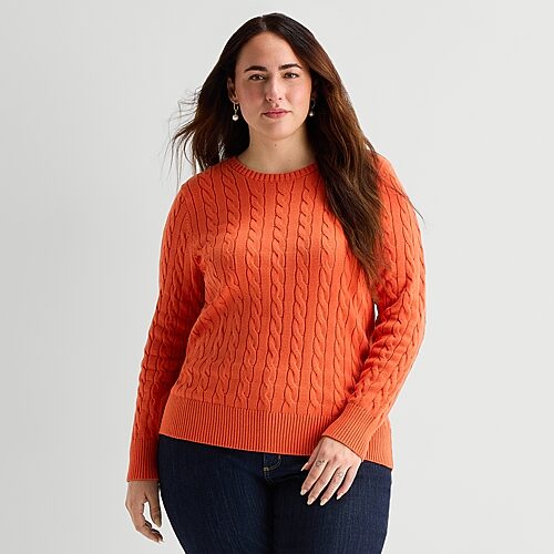 St. John's Bay Plus Womens Crew Neck Long Sleeve Cable Knit Pullover Sweater In Nude