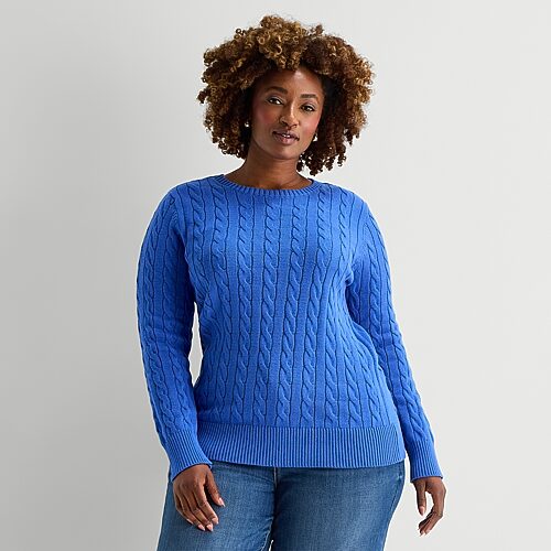 St. John's Bay Plus Womens Crew Neck Long Sleeve Cable Knit Pullover Sweater, 2x, Blue