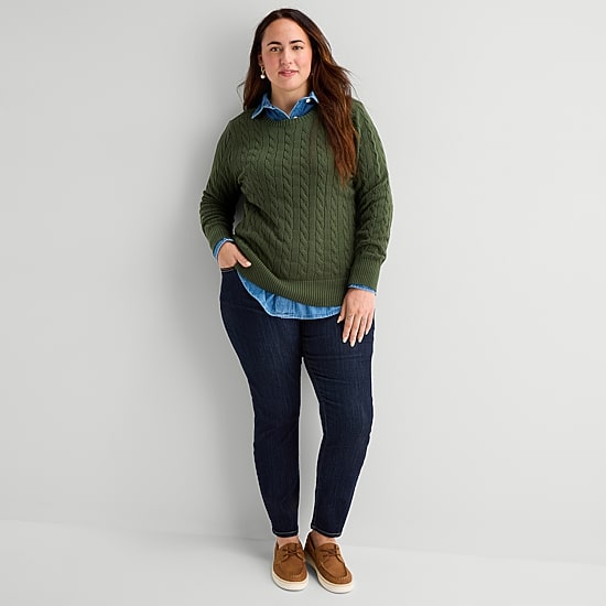 St. John's Bay Plus Womens Crew Neck Long Sleeve Cable Knit Pullover Sweater