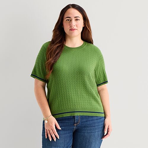 St. John's Bay Plus Womens Crew Neck Short Sleeve Cable Knit Pullover Sweater In Green