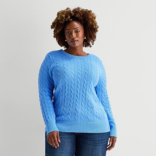 St. John's Bay Plus Womens Crew Neck Adaptive Long Sleeve Easy-on + Easy-off Pullover Sweater In Blue