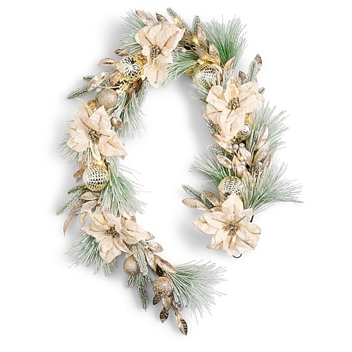 North Pole Trading Co . Metallic Poinsettia Garland Battery Operated Christmas Indoor Garland In Beige