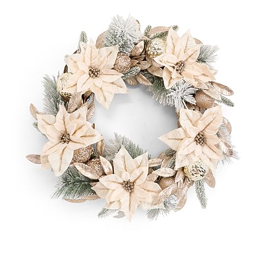 North Pole Trading Co . Metallic Poinsettia Wreath In Beige