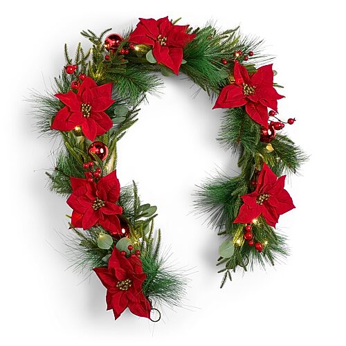 North Pole Trading Co . Red Poinsettia Garland Christmas Indoor Garland