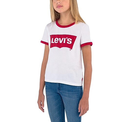 Levi's Retro Ringer Big Kid Girls Round Neck Short Sleeve Regular Fit Graphic T-Shirt, Small, White