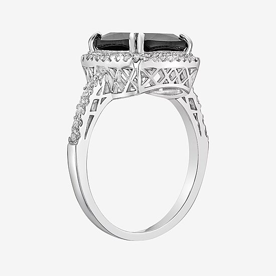 Womens Genuine Black Onyx Sterling Silver Cushion Halo Cocktail Ring