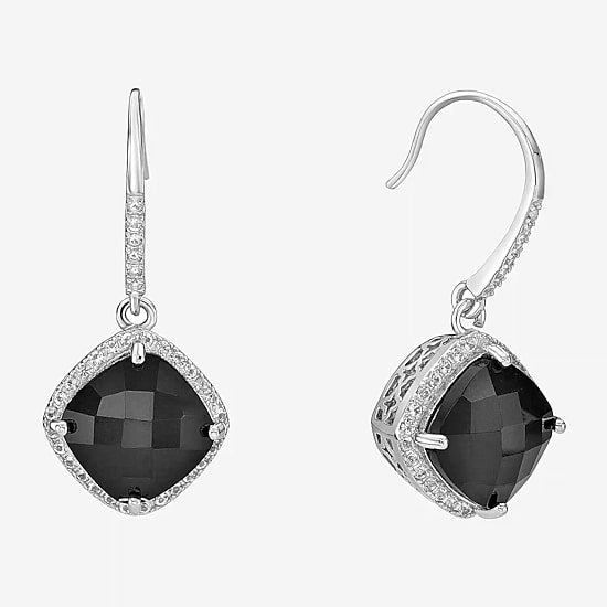 Womens Genuine Black Onyx Sterling Silver Cushion Drop Earrings