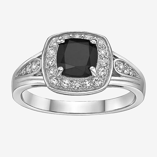 Womens Genuine Black Onyx Sterling Silver Cushion Halo Cocktail Ring