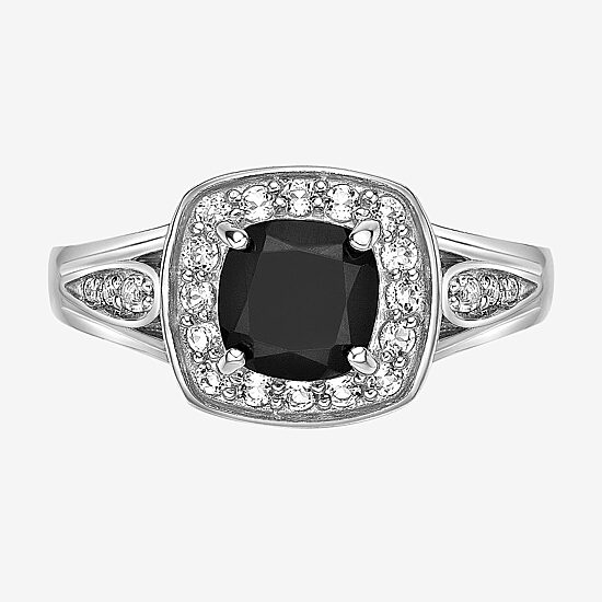 Womens Genuine Black Onyx Sterling Silver Cushion Halo Cocktail Ring