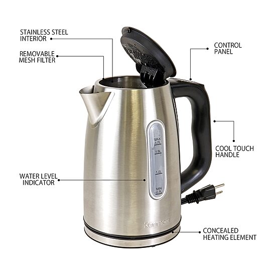 Kenmore 1.7L Cordless Electric Tea Kettle with 6 Temperature Pre-Sets