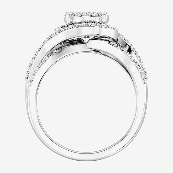 Womens 1 CT. T.W. Lab Grown White Diamond Sterling Silver Round Side Stone Cocktail Ring