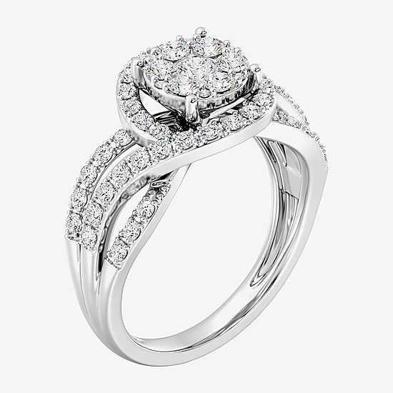 Womens 1 CT. T.W. Lab Grown White Diamond Sterling Silver Round Side Stone Cocktail Ring