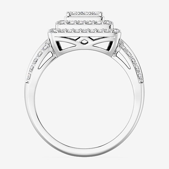 Womens 1 CT. T.W. Lab Grown White Diamond Sterling Silver Cushion Halo Side Stone Cocktail Ring