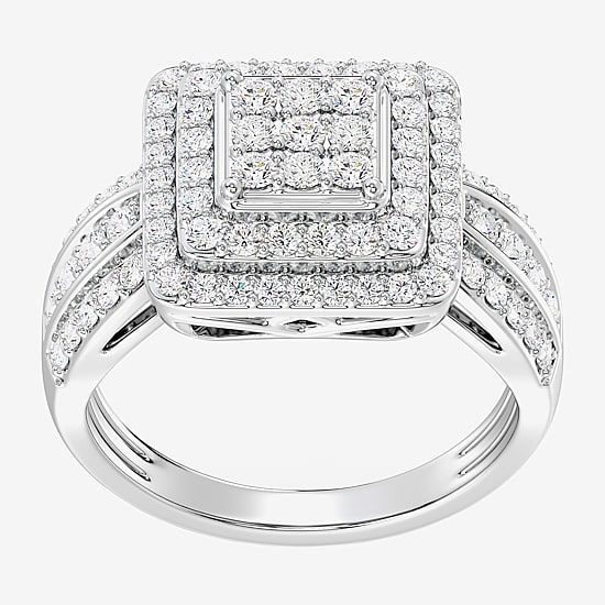 Womens 1 CT. T.W. Lab Grown White Diamond Sterling Silver Cushion Halo Side Stone Cocktail Ring
