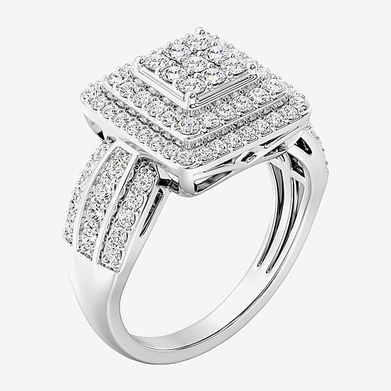 Womens 1 CT. T.W. Lab Grown White Diamond Sterling Silver Cushion Halo Side Stone Cocktail Ring