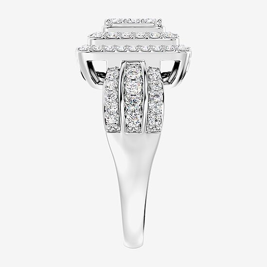 Womens 1 CT. T.W. Lab Grown White Diamond Sterling Silver Cushion Halo Side Stone Cocktail Ring
